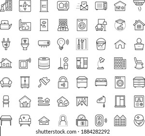 Thin outline vector icon set with dots - stay home vector, self isolation, Cleaning service, Game based Learning, Business Company, Table lamp, Property plan, Construction, paint roller, house, door