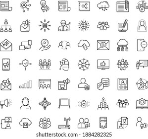 Thin Outline Vector Icon Set With Dots - Self Isolation Vector, Teamwork, Referral, Translation Service, Mail Marketing, Creative Campaign, Email, Mobile, Affiliate, Artificial Intelligence, Bitrate