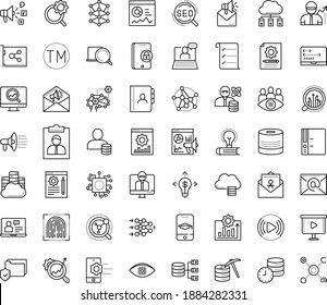 Thin outline vector icon set with dots - SEO vector, Social media marketing, monitoring, Mail, Search optimization, Content management, Blog, analytics, Website, Computer Based Training, Trademark