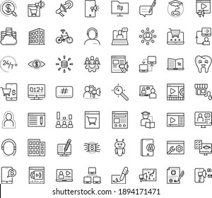 Thin outline vector icon set with dots - self isolation vector, teamwork, SEO copywriting, Target keywords, Video marketing, Promo website, eLearning, Distance Exam, Interactive Course, training