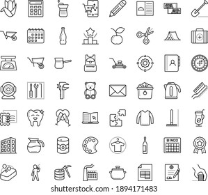 Thin Outline Vector Icon Set With Dots - Teddy Bear Vector, Award, Shovel, Rake, Lawnmower, Wheelbarrow, Ranking, ELearning, Pencil, Envelope, Calculator, Scissors, Web Camera, Palette, Puzzle, Soap