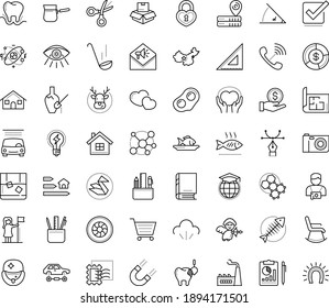 Thin outline vector icon set with dots - elk vector, successful woman, Car wash service, Global education, Stationery, Scissors, Vision, Property plan, Drawing tools, curve pen, Photography, Origami