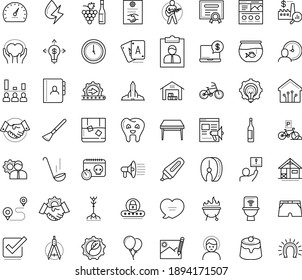 Thin outline vector icon set with dots - headache vector, Winemaking, Promo website, Business opportunity, Marker, deadline, Compasses, Aquarium, Guitar playing, shorts, professional, employee, Bike