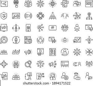 Thin outline vector icon set with dots - teamwork vector, cooperation, Human Resources, permanent recruitment, Resour es, hr recruiter, Video marketing, Social media, Search optimization, campaign