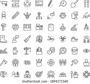 Thin outline vector icon set with dots - Hand saw vector, Rubber boots, Garden hose, gloves, Gardening tools, pruner, hr consulting, permanent recruitment, services, Collaborative idea, Productivity