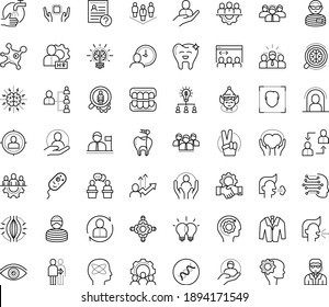 Thin outline vector icon set with dots - quarantine vector, wash hands, muscle pain, sneezing, cough, elf, victory, teamwork, vision, Human Resources, hr manager, department, planning, services, DNA