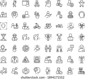 Thin outline vector icon set with dots - quarantine vector, chills, sneezing, cough, snowman, gingerbread man, winner, champion, hr department, job interview, Disinfection service, Investor, Angel