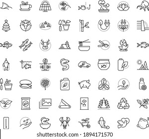 Thin outline vector icon set with dots - elk vector, christmas tree, holly, Gardening, Plant, Garden pruner, fertilizer, seeds, service, Aquarium, Fishing, Hunting, Camping, rose, dove, Seafood, eel