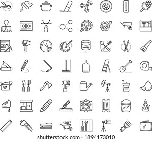 Thin Outline Vector Icon Set With Dots - Shovel Vector, Rake, Scythe, Watering Can, Gardening Scissors, Hand Saw, Tools, Garden Pruner, Hairdressing Salon, Service, Productivity, Data Mining, Pencil