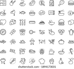 Thin Outline Vector Icon Set With Dots - Vomiting Vector, Gingerbread Man, Candy Cane, Gardening, Seeds, Restaurant Menu, Starters, Fish, BBQ And Grill, Pasta, Seafood, Chicken, Vegetarian, Perch