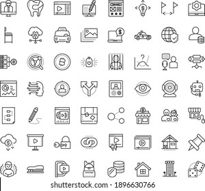 Thin outline vector icon set with dots - chills vector, Taxi service, Web Link, Video marketing, Audio Conference, Distance teacher, Online tutorial, Small business, opportunity, Machine learning