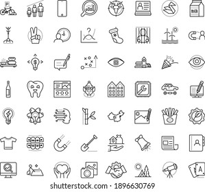 Thin outline vector icon set with dots - elf vector, christmas stocking, bell, victory, celebration, tactics, Shovel, hr software, Photo services, Computer repair, SEO monitoring, Machine learning