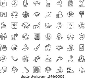 Thin outline vector icon set with dots - disinfect vector, stay hydrated, winner, tactics, Scythe, Hand saw, Garden gloves, seeds, hr department, recruiter, Services, Real estate service, Mobile