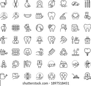 Thin outline vector icon set with dots - quarantine vector, fever, medical mask, wash hands, muscle pain, Lawnmower, Watering can, Gardening scissors, Garden hose, Spray bottle, babysitting service