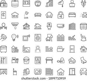 Thin outline vector icon set with dots - stay home vector, self isolation, Real estate service, Table lamp, Property plan, Construction, brickwork, tools, house, paint bucket, door, window, Asset