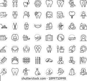 Thin outline vector icon set with dots - quarantine vector, fever, medical mask, wash hands, Lawnmower, Gardening scissors, Garden hose, tools, Spray bottle, babysitting service, Real estate, client