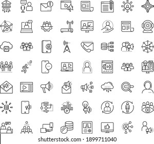 Thin outline vector icon set with dots - self isolation vector, Human Resources, job interview, Resour es, Search engine, Video marketing, Social media, Mail, Spam, Creative campaign, Affiliate, sms