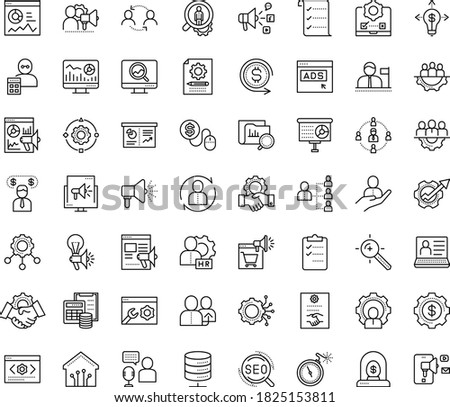 Thin outline vector icon set with dots - Human Resources vector, referral, hr manager, department, planning, software, services, SEO, Web analytics, Target keywords, Social media marketing, testing