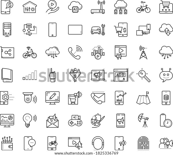 Thin outline vector icon set with dots - Car\
repair service vector, Video marketing, Web analytics, Target\
keywords, Webdesign, Digital, Email, Mobile, electronic Book,\
Algorithm, Chat Bot,\
Bitrate