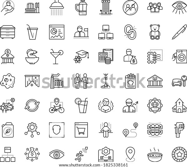 Thin outline vector icon set with dots - chills\
vector, avoid contacts, teddy bear, vision, Car rental, Investor,\
Deep learning, Pen, statistics, testing, Stamps collecting,\
business people, coach