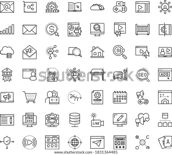 Thin outline vector icon set with dots - Car repair\
service vector, SEO, copywriting, Landing page, Video marketing,\
monitoring, Webdesign, Cost per click, Digital, Content management,\
analytics, In