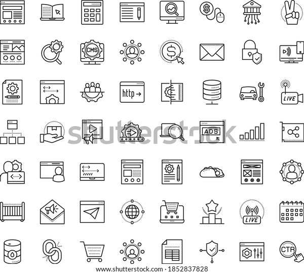 Thin outline vector icon set with dots - victory\
vector, Car repair service, SEO copywriting, monitoring, Search\
optimization, Ranking, Cost per click, Content management, Video\
marketing, Pay, Blog