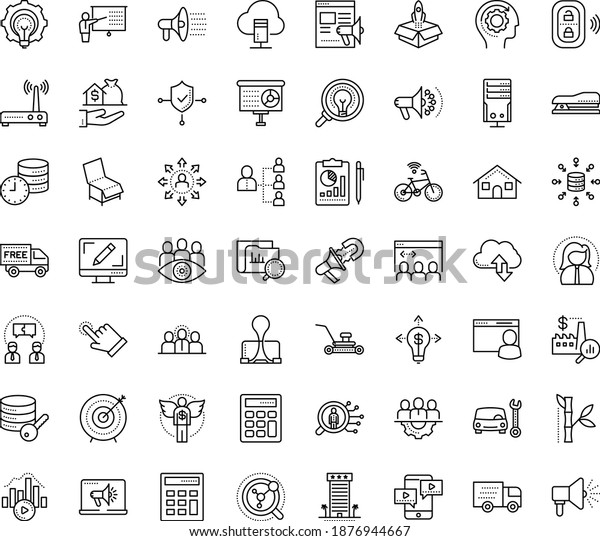 Thin outline vector icon set with dots -\
Lawnmower vector, hr planning, solutions, Car repair service,\
Delivery, Webdesign, Digital marketing, Social campaign, Promo\
website, Presentation,\
Stapler