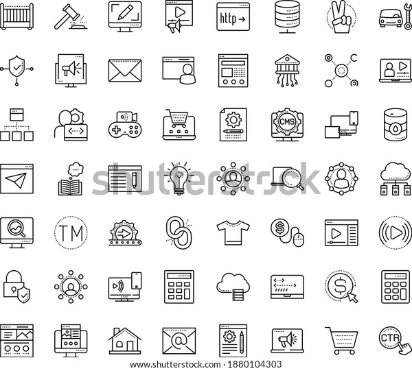 Thin outline vector icon set with dots - victory\
vector, Car repair service, SEO copywriting, Landing page,\
monitoring, Webdesign, Cost per click, Digital marketing, Content\
management, Video, Pay