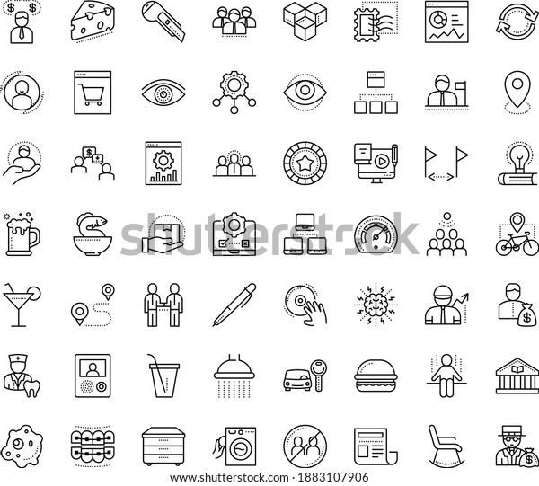Thin outline vector icon set with dots - avoid\
contacts vector, vision, Car rental, User, Website optimization,\
Blended Learning, Investor, Entrepreneur, Pen, Cutter knife,\
Audience, Bandwidth, DJ