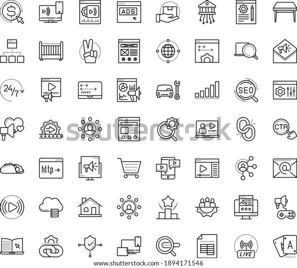 Thin outline vector icon set with dots -\
victory vector, Car repair service, SEO, Search engine, Landing\
page, optimization, Ranking, Cost per click, Video marketing, Blog\
management, analytics