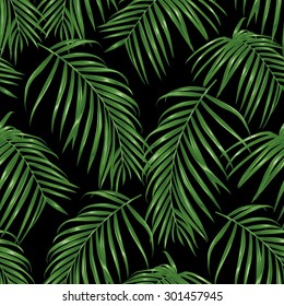 Thin palm branches dark seamless pattern. Vector background.