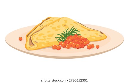 Un panqueque delgado y caviar rojo en un plato blanco. Ilustración vectorial de una comida tradicional rusa para Maslenitsa. Un crep doblado en un triángulo y caviar de salmón salado. Un manjar caro
