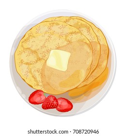 Thin pancakes with strawberries lying on plate isolated illustration