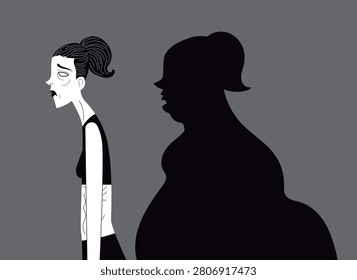 thin person with an eating disorder casting an obese shadow