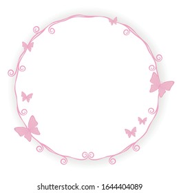 Thin pink princess border frame beauty with little pink butterfly curls spiral cute simple with shadow objects isolated on white background.