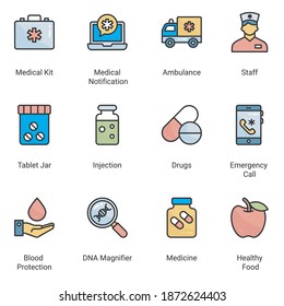 Thin pixel perfect color line icons, of hospital and healthcare professionals and medical equipment. Simple symbols for app development and website design. Pack of vector line editable stroke icons.
