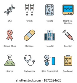 Iconos de línea de color perfectos en píxeles delgados, de profesionales del hospital y de la salud y equipo médico. Símbolos simples para el desarrollo de aplicaciones y el diseño de sitios web. Paquete de iconos de trazo modificables de línea vectorial.