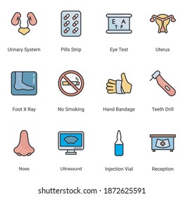 Thin pixel perfect color line icons, of hospital and healthcare professionals and medical equipment. Simple symbols for app development and website design. Pack of vector line editable stroke icons.