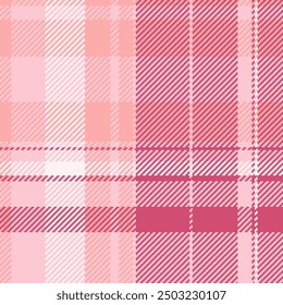 Thin plaid pattern tartan, advertisement texture background check. Scratched seamless vector textile fabric in red and light colors palette.