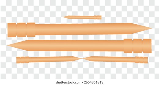 Thin pointed wooden bamboo skewers isolated on grey white background, modern vector.