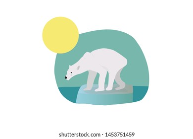 The thin, polar bear is crying on the last ice cube that is melting. Due to global warming