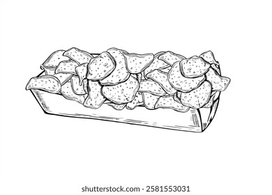 Thin potato chips in in cardboard rectangular box vector illustration painted by black inks. Monochrome hand drawn crunchy snack in paper package. Crisp meal fast food illustration for menu design