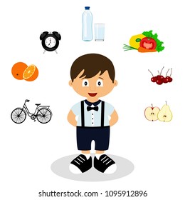 Thin. Proper nutrition. Child. Healthy Lifestyle. Daily regime. Flat design Vector illustration