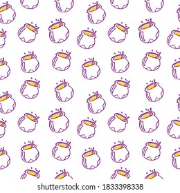 thin purple outline magic cauldron seamless pattern on white background. hand drawn vector. doodle halloween for kids, wallpaper, backdrop, poster, cover, fabric, wrapping paper and gift.