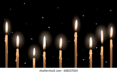 thin realistic wax candles standing in row in the darkness with sparkles and small fireflies,  vector