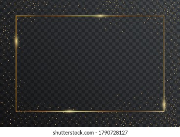 Thin rectangular golden geometric border and confetti on dark transparent background. Glossy banner with copyspace. Vector elegant colorful wallpaper design.