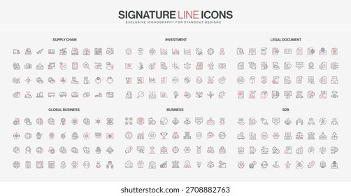 Conjunto de iconos de línea roja y negra delgada con cadena de suministro, inversión, negocios globales, B2B, temas de documentos legales, para diseño corporativo moderno, finanzas y Ilustración vectorial de proyectos de logística
