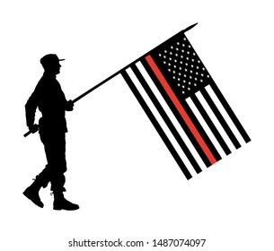 Thin Red Line Firefighter Flag Vector. USA flag. remembering, memories on fallen fire fighters officers on duty. Firefighter members honor. Member of the fire department in ceremonial walk ceremony.