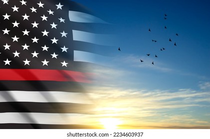 Thin Red Line. Firefighter flag. Memories on fallen fire fighters officers on duty. EPS10 vector