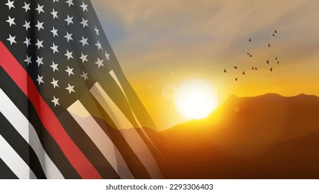 Thin Red Line Firefighter Flag. USA flag. Remembering, memories on fallen fire fighters officers on duty. EPS10 vector